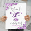 silver and purple 80th birthday welcome poster