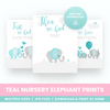 set of 3 teal and grey elephant nusery prints