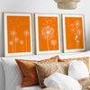 Set of 3 Orange Living Room Dandelion Prints