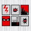 set of 6 black and red superhero prints