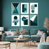 over the sofa large teal and gold wall decor