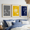 over the bed blue and yellow wall decor