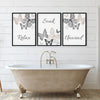 greige bathroom wall prints with butterflies