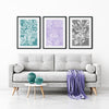 teal, purple and grey living room art