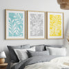 3pc Teal Yellow and Grey Leaf Prints